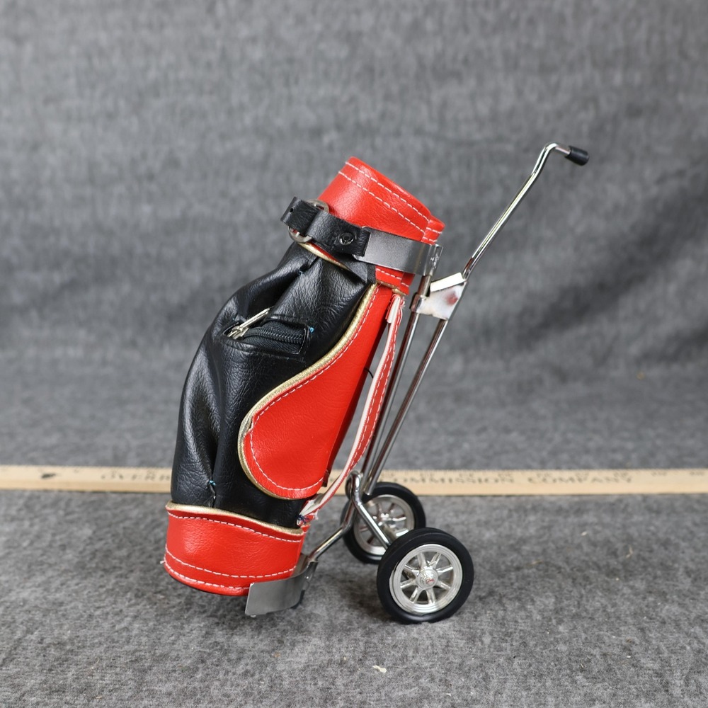 Mini Golf Bag Cart Caddy Pen Holder Black Red Metal Novelty Decor